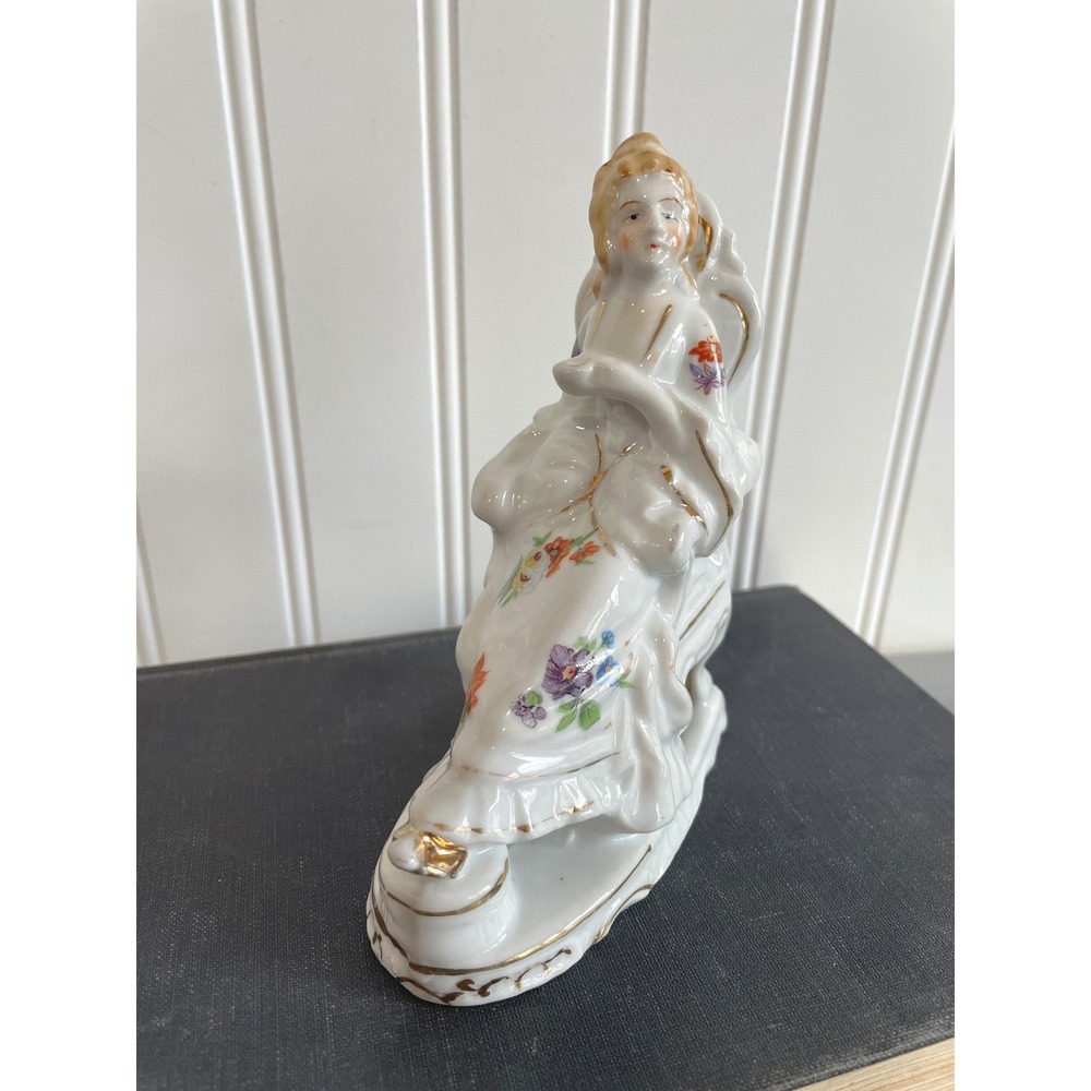 Vtg Hand Painted Porcelain Figurine Seated Victorian Lady Made in Japan 4.75"